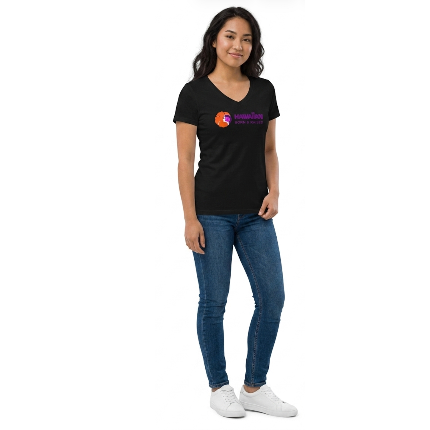 Women's HAWAIIAN Born & Raised Black V-Neck Tee