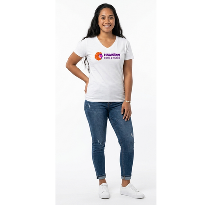 Women's HAWAIIAN Born & Raised White V-Neck Tee
