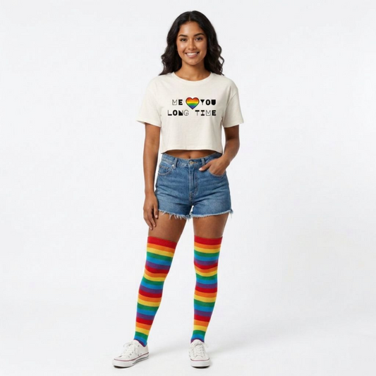 Women's "Me Love You Long Time" Off White PRIDE Crop Tee